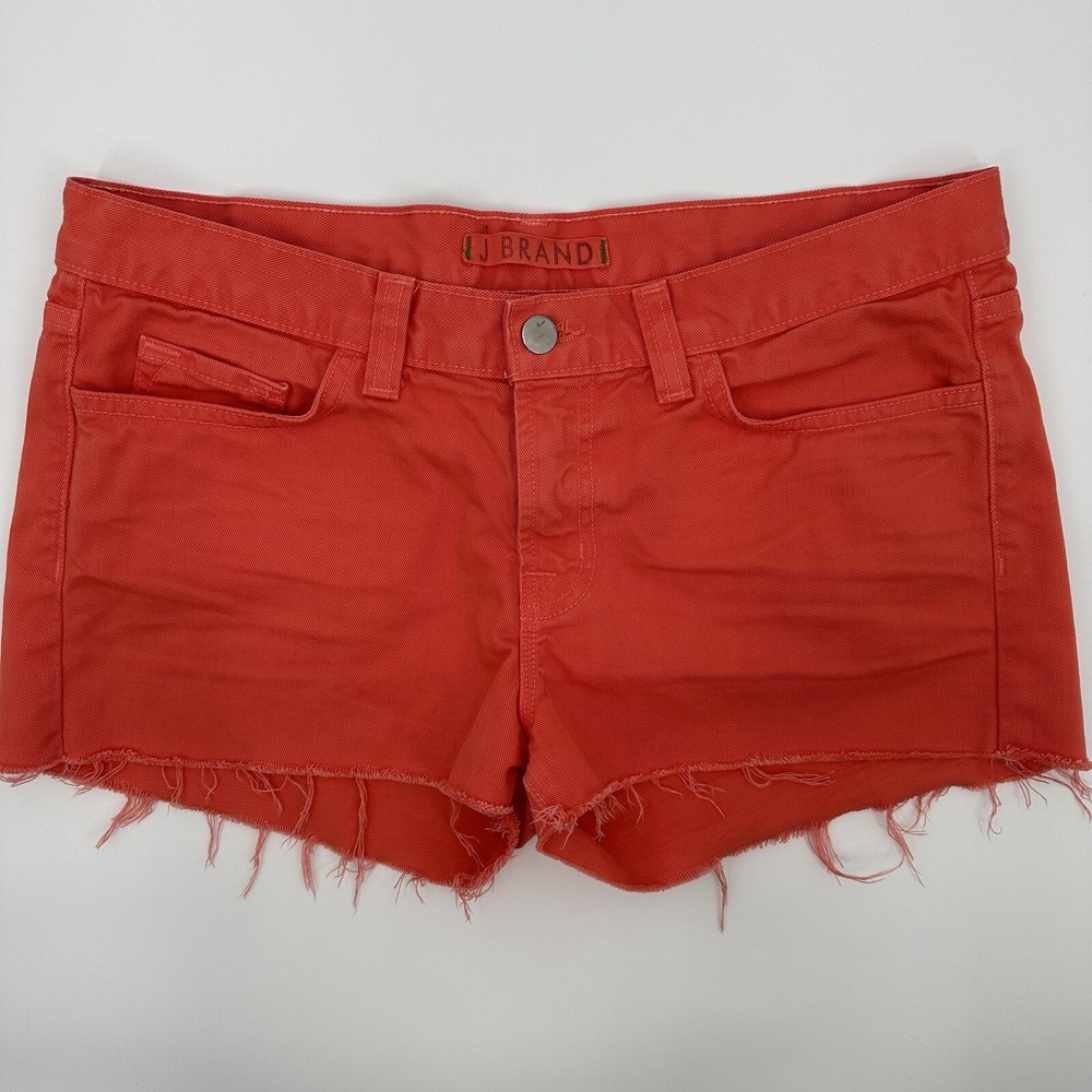 J Brand Women's Coral Orange Cutoff Denim Shorts Distressed Frayed Hem Size 28